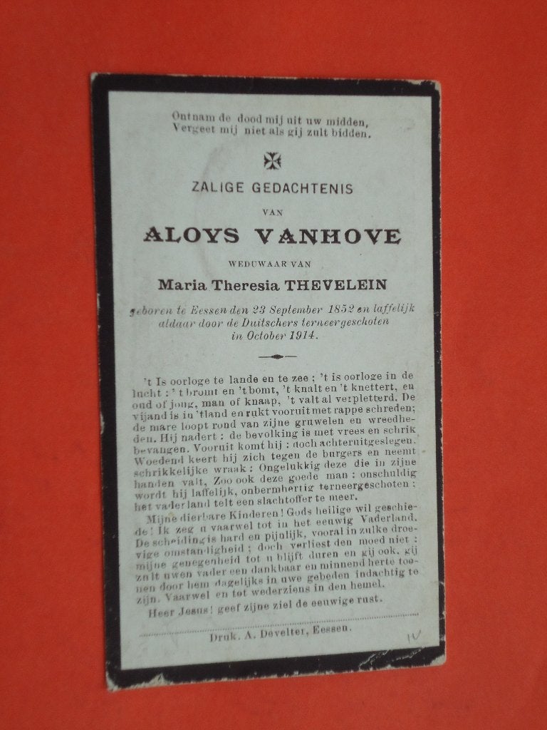Aloys Vanhove Geboren te Eessen 1852 neergeschoten 1914, Verzamelen, Ophalen of Verzenden, Bidprentje