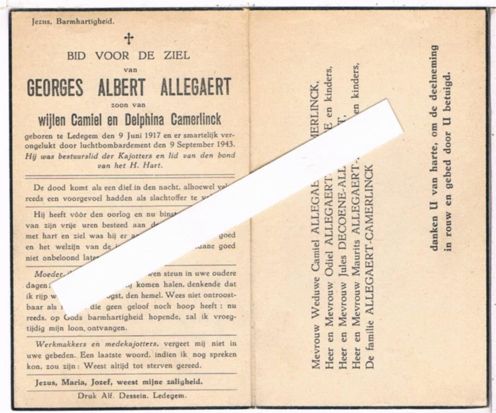 Oorlog. Allegaert Georges. ° Ledegem 1917 † Ledegem 1943, Verzamelen, Bidprentjes en Rouwkaarten, Ophalen of Verzenden, Bidprentje
