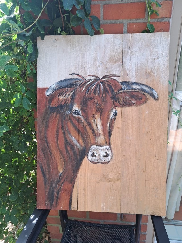 Tableau 'LaVache', Antiquités & Art, Peint à la main, Peinture acrylique, Panneau, Enlèvement