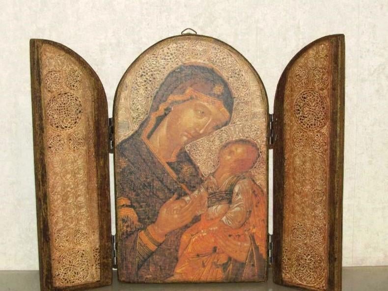 Antiek Russische drieluike icoon van (Madonna met Vladimir), Ophalen