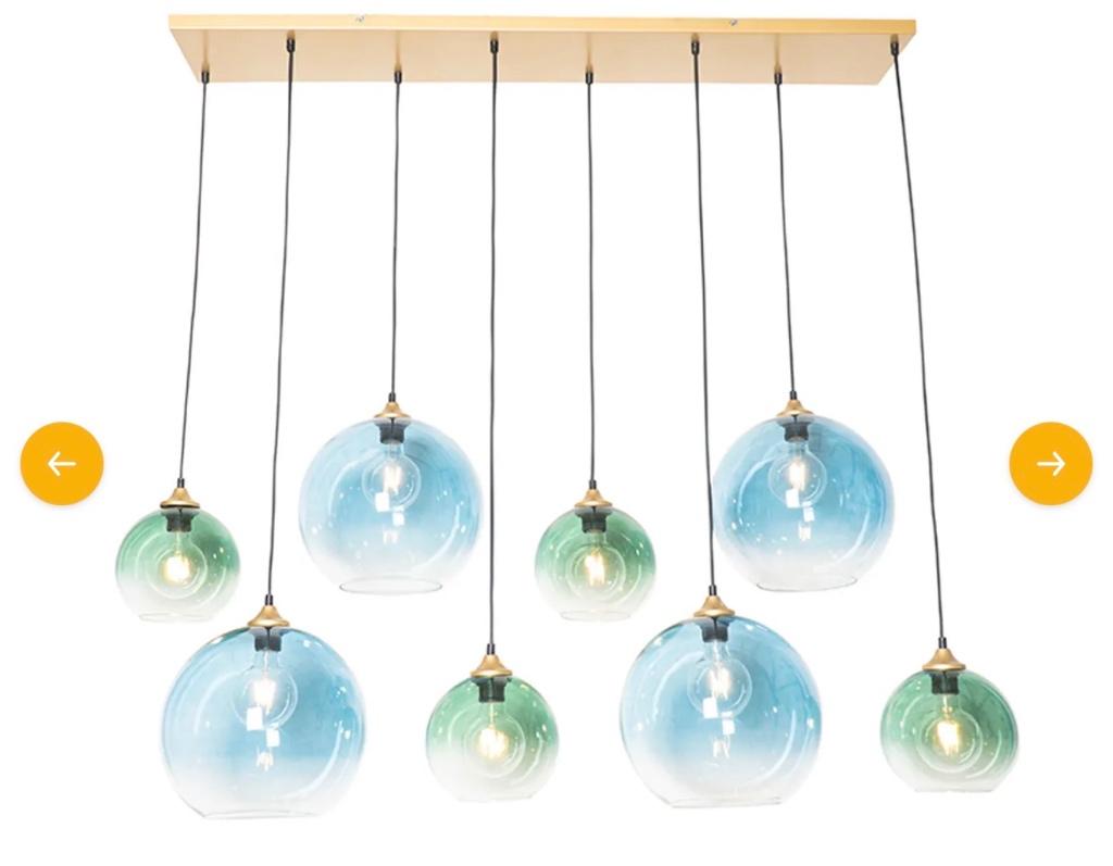 prachtige hanglamp in groen/blauw/messing - Qazqa, Ophalen, 50 tot 75 cm, Modern en hip, Glas
