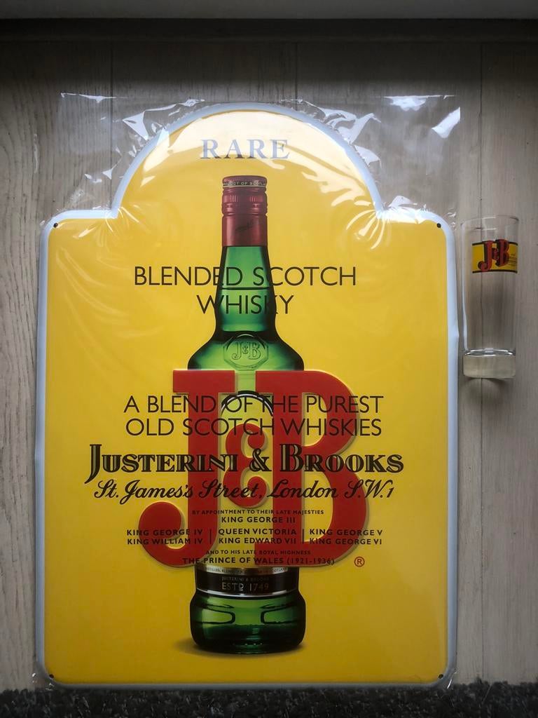 Groot reclamebord J&B met vintage longdrink glas., Verzamelen, Ophalen, Zo goed als nieuw, Reclamebord
