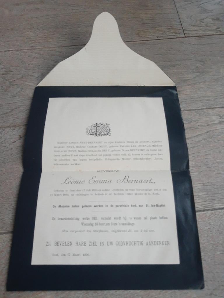 Oud overlijdensbericht, Gent 1833-1896, Leonie Bernaert, Verzamelen, Bidprentjes en Rouwkaarten, Ophalen of Verzenden