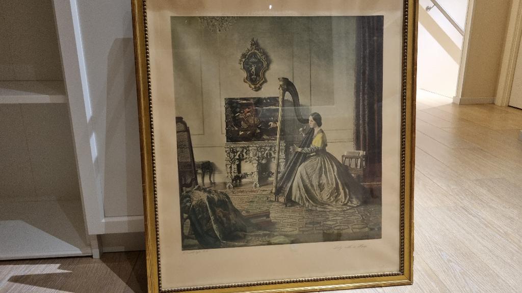 Lady with a harp Campbell Taylor 1937 print (kader met glas), Antiek en Kunst, Ophalen of Verzenden
