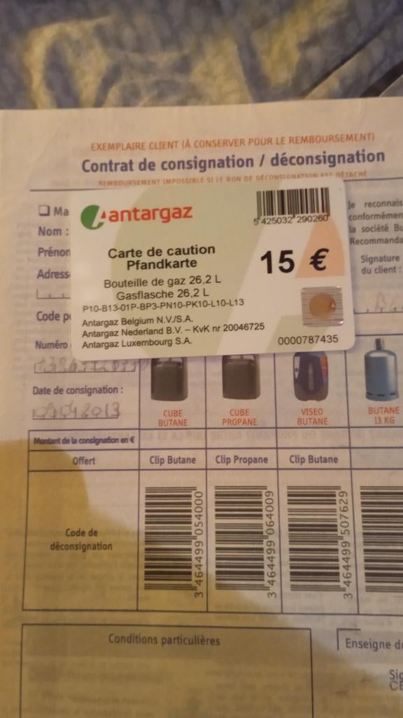 Carte consigne pour bonbonne de gaz avec papiers du contrat, Caravanes & Camping, Enlèvement