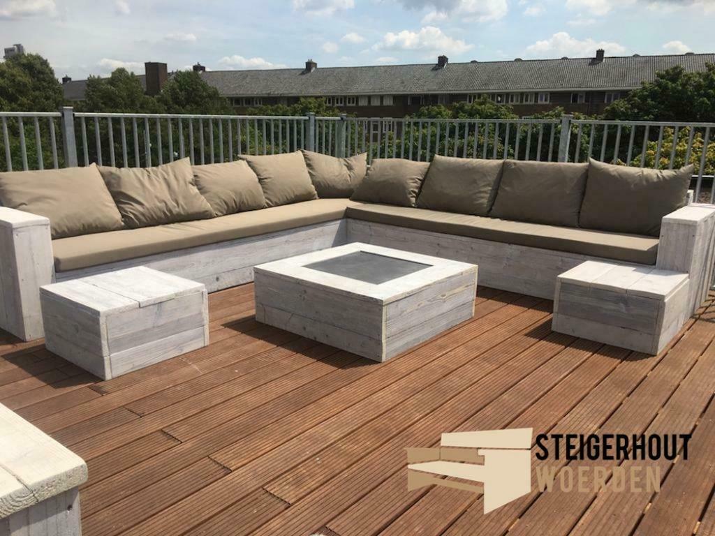 Steigerhouten Hoekbank loungeset steigerhout hoekzetel bank, Tuin en Terras, Bank, Steigerhout, Nieuw, Ophalen of Verzenden