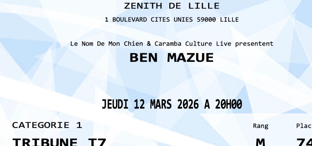 2 Places de concert Ben Mazue Lille 12/3, Tickets & Billets