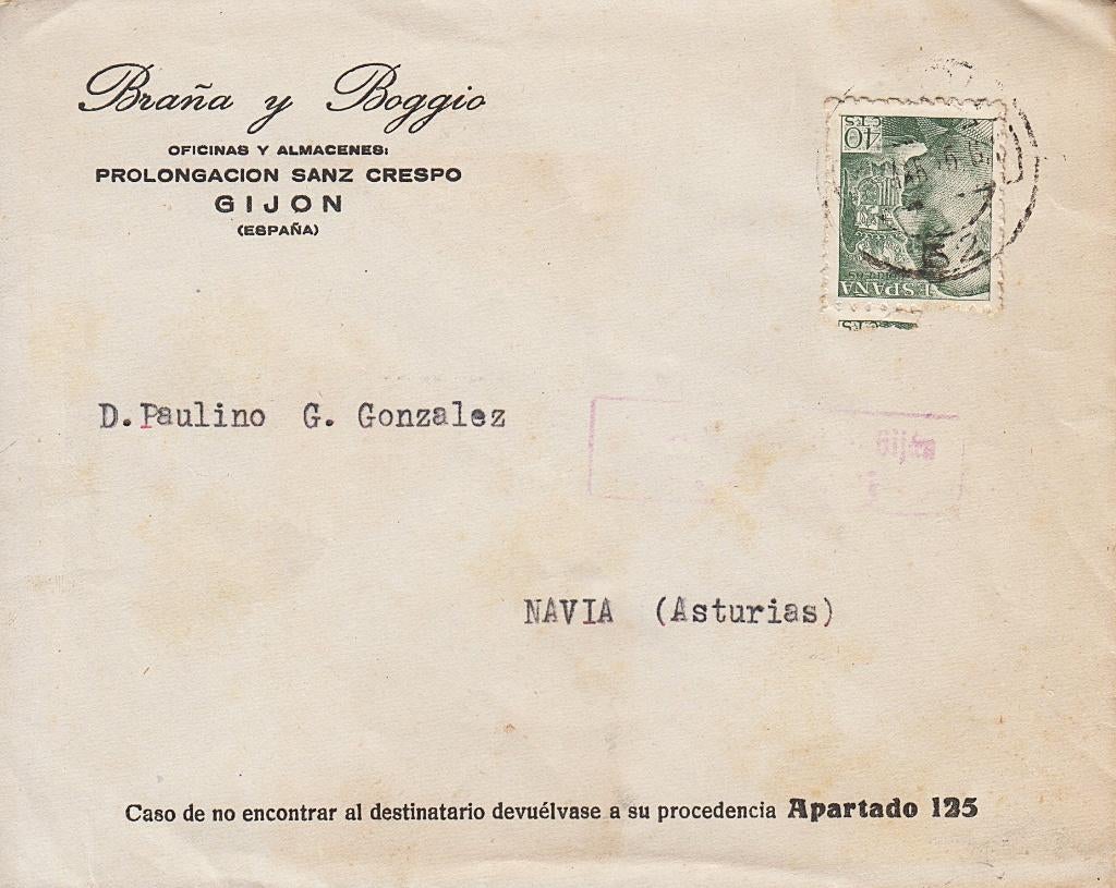1939 - SPANJE - Cover + Generaal Franco [Y&T 790] + NAVIA, Postzegels en Munten, Postzegels | Europa | Spanje, Verzenden, Gestempeld