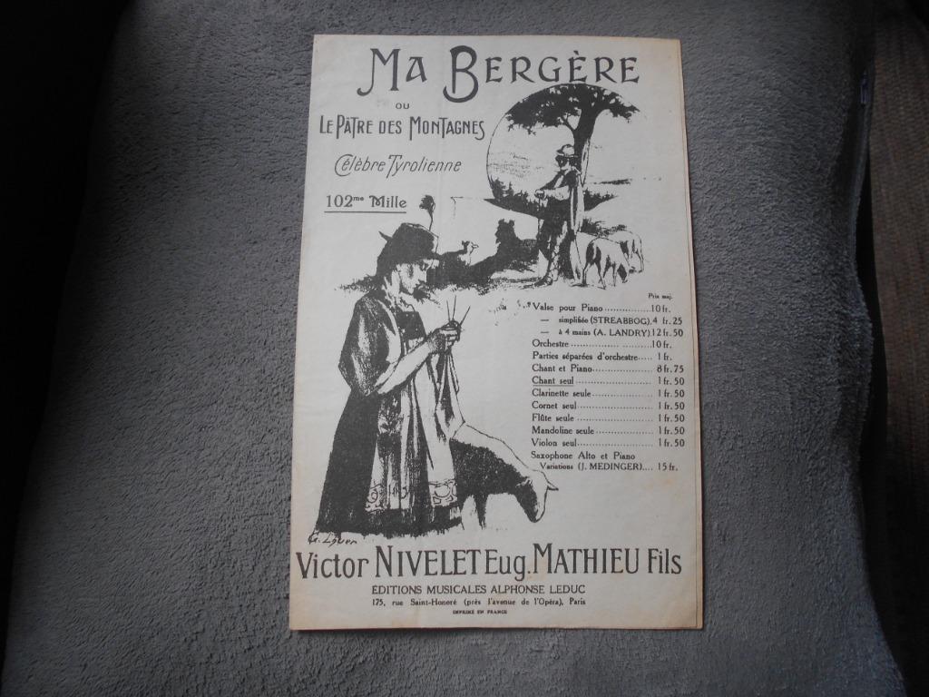 ancienne partition musique "Ma Bergère " ou le patre des mon, Ophalen of Verzenden, Gebruikt