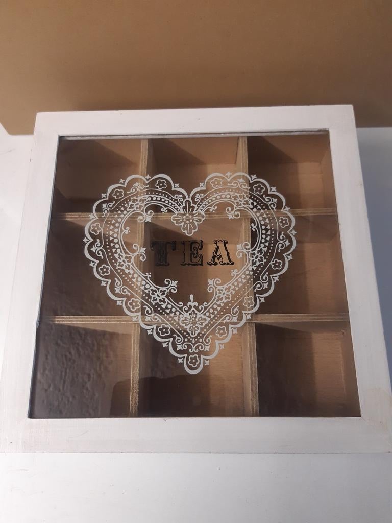 Leuk houten thee bewaarkistje met glazen deksel, Ophalen, Zo goed als nieuw