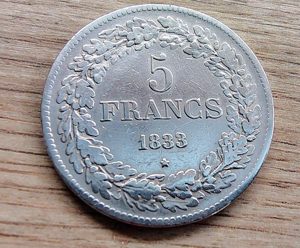 5 francs - Léopold Ier tête laurée 1833, Enlèvement ou Envoi, Monnaie en vrac, Argent, Argent