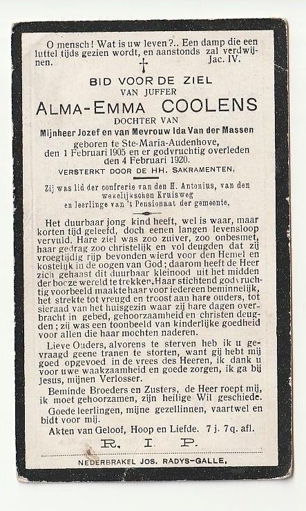 A COOLENS Van der Massen Ste-Maria-Audenhoven 1905-1920 kind, Envoi, Image pieuse