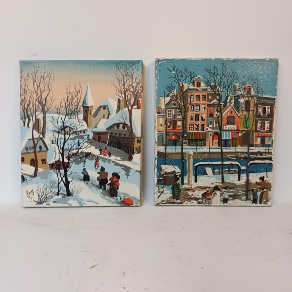 Vlaamse naieve school (XX) - Koppel schilderijtjes winter sc, Antiek en Kunst, Ophalen of Verzenden