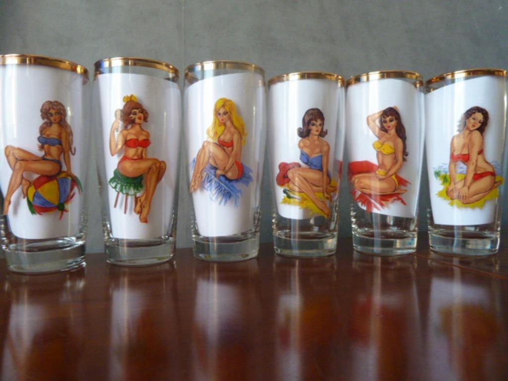 Rare: 6 anciens verres Pin-up, joli bord doré. Années '60 >, Enlèvement ou Envoi