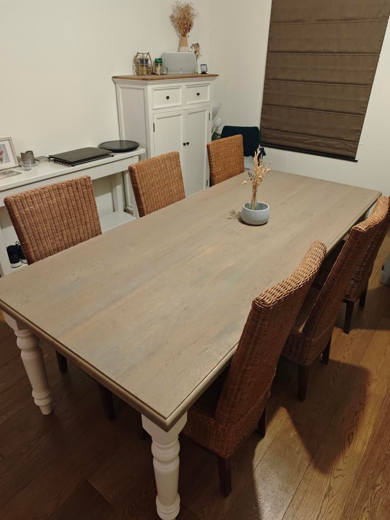 Richmond eiken eettafel 220x100 + 6 rieten stoel, Ophalen, 100 tot 150 cm, Eikenhout, 200 cm of meer