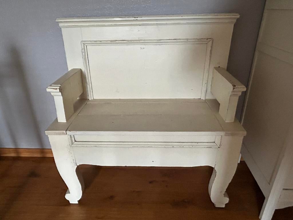 Tres ancien banc en bois blanc cassé beige, Antiquités & Art, Curiosités & Brocante, Enlèvement