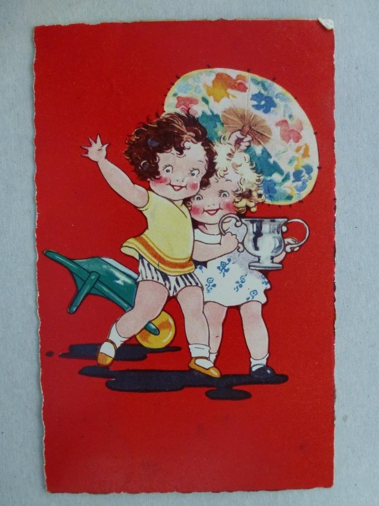 Ancienne carte photo enfants parasol brouette décrit 1935, Enlèvement ou Envoi, 1920 à 1940, Affranchie, Enfants