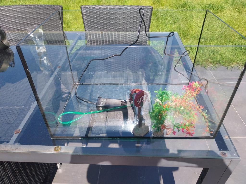 Aquarium + filter + 6 versieringen + klein schepnetje, Ophalen, Zo goed als nieuw