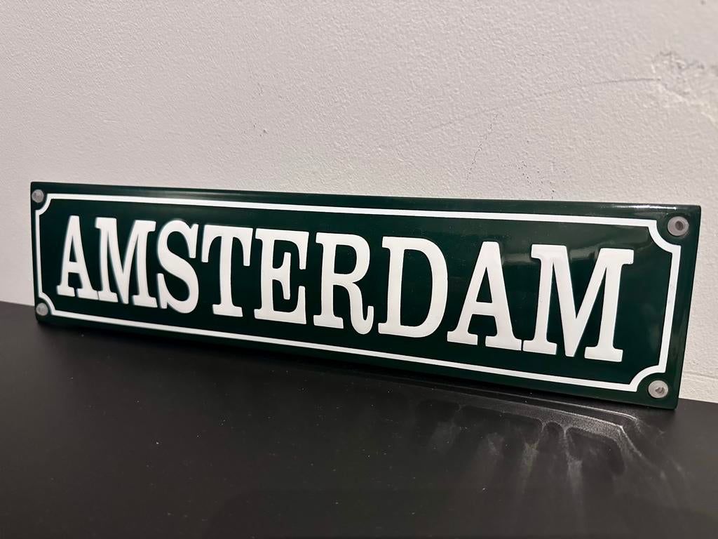 AMSTERDAM EMAILLEBORD KWALITEITS-EMAILLE GROEN/WIT 33,5x8,5, Enlèvement ou Envoi, Comme neuf