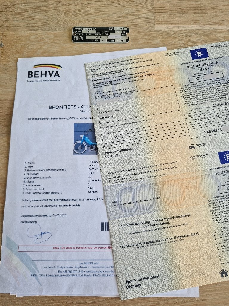 Honda Camino typeplaatje - bouwjaarattest - deel 1+2, Vélos & Vélomoteurs, Pièces de cyclomoteur | Général, Comme neuf, Cadre