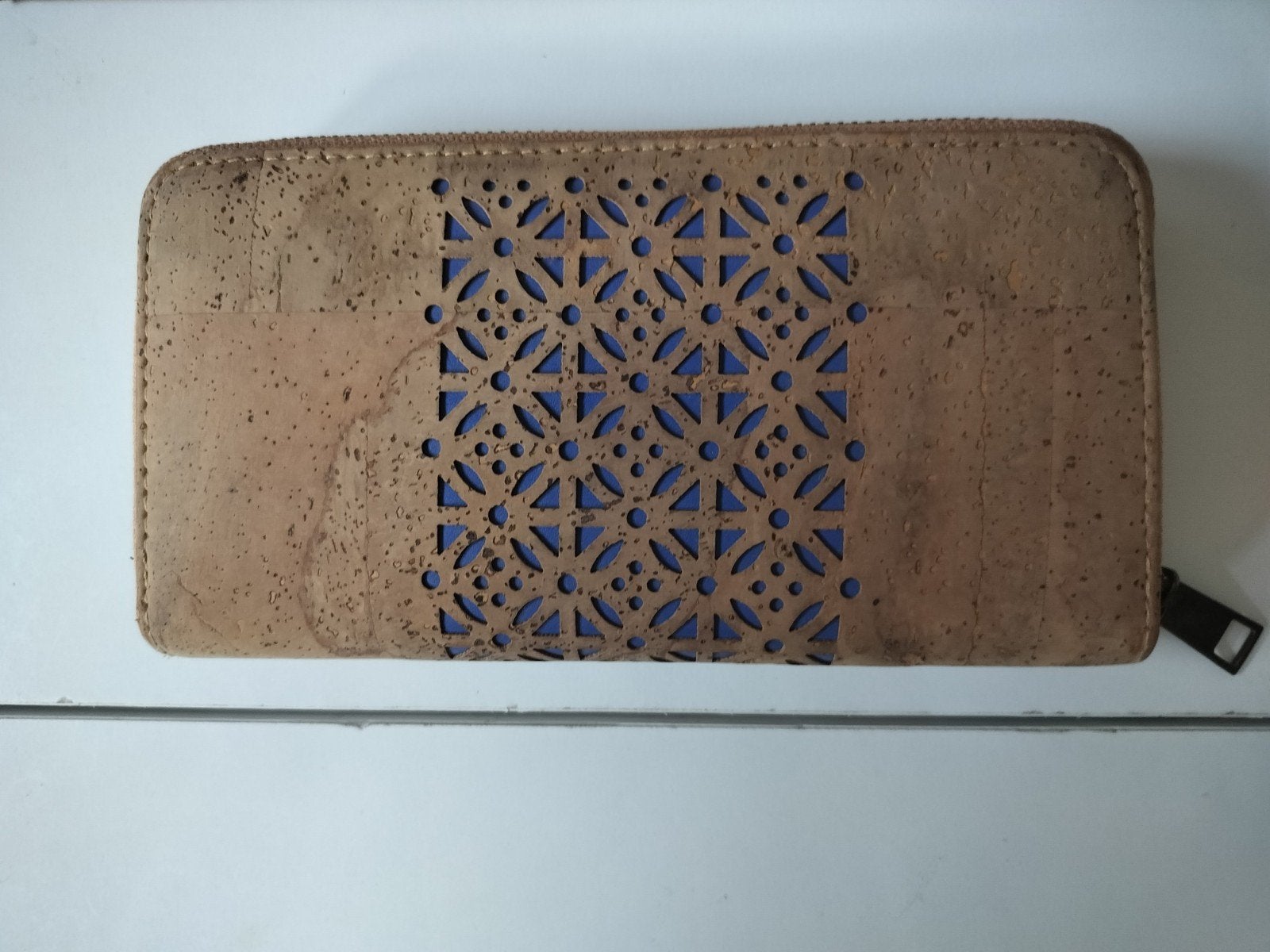 Kurken portemonnee met blauw patroon, Verzenden, Beige
