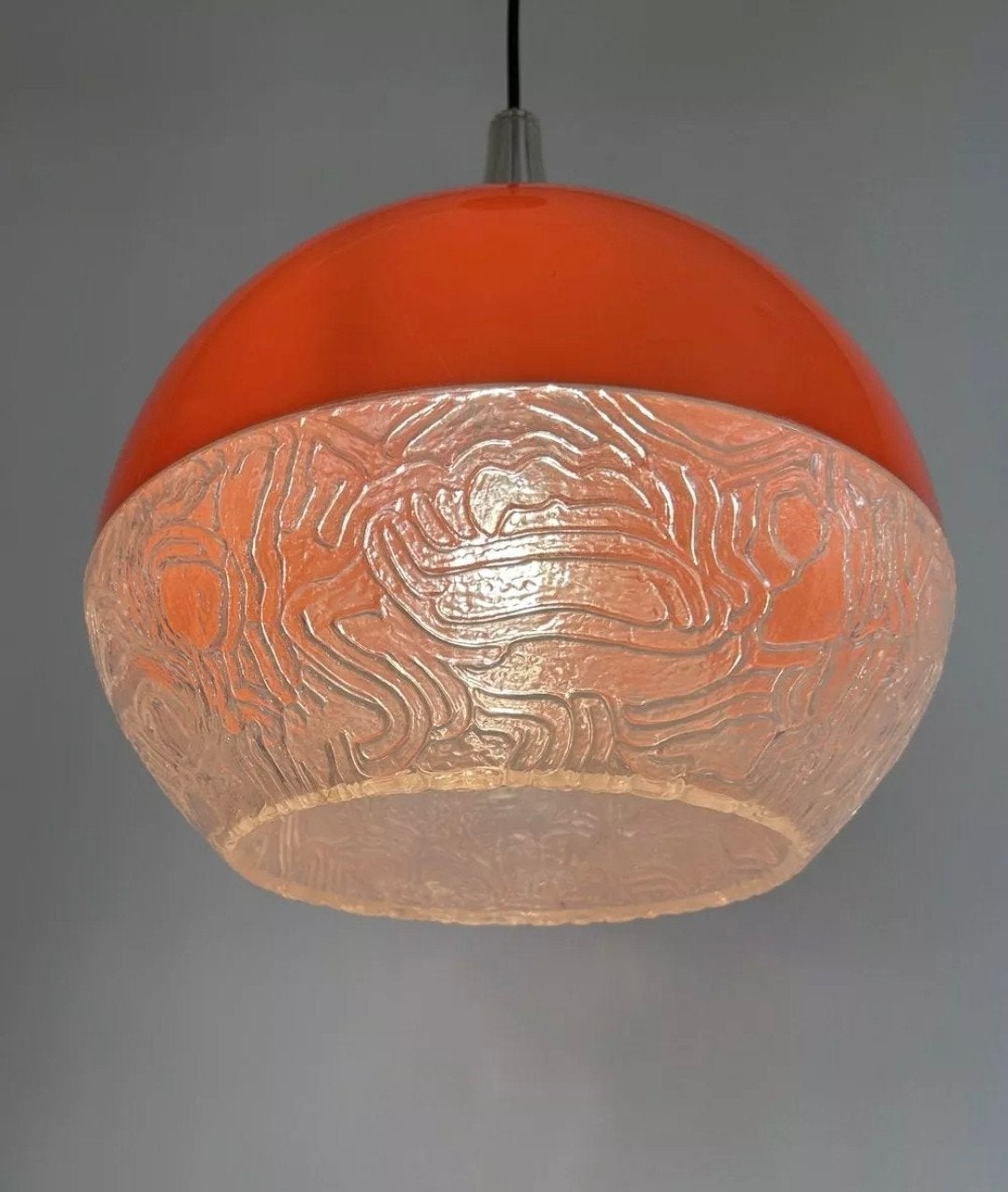 ​Vintage Space Age Hanglamp – Rood & Reliëfglas – Jaren '70, Ophalen, Gebruikt, E27 (groot)