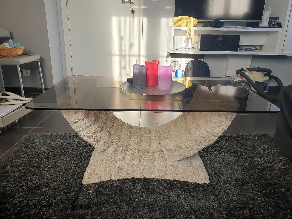 Bijzettafel met glazen blad en voet in fossiele steen 100x60, Ophalen