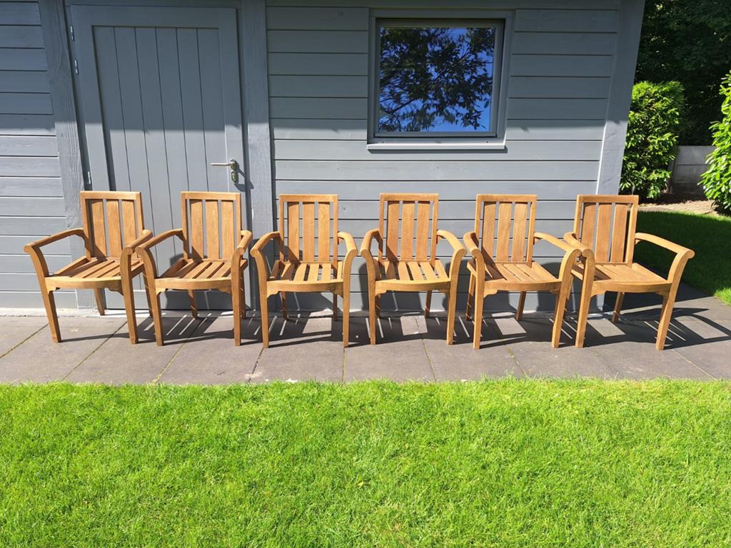 6 Teak tuinstoelen, Ophalen, Gebruikt, Teakhout, Stapelbaar