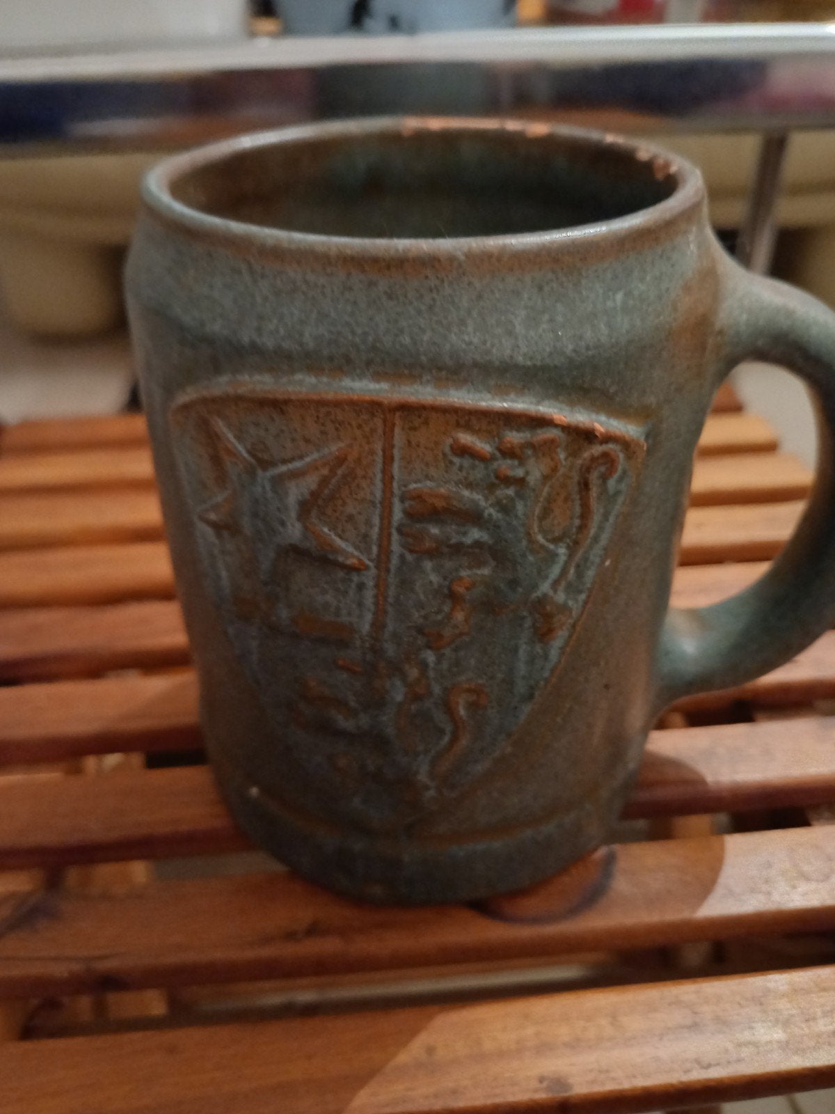 Vintage stenen bierpot De Gouden Boom Brugge-G.M.O.Aardewerk, Ophalen, Zo goed als nieuw, Overige typen, Leeuw