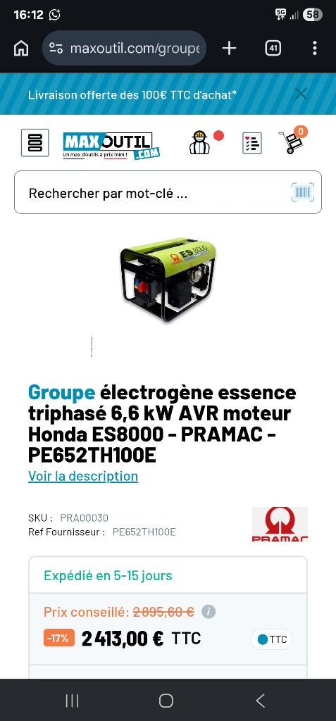 Générateur Pramac ES8000 6 kW, Enlèvement, Utilisé, 5 à 10 kVA, Essence