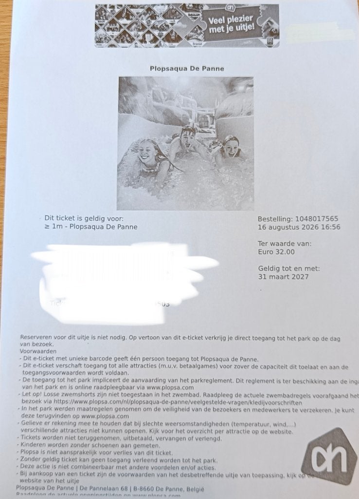 Ticket plopsaqua, Eén persoon, Ticket of Toegangskaart