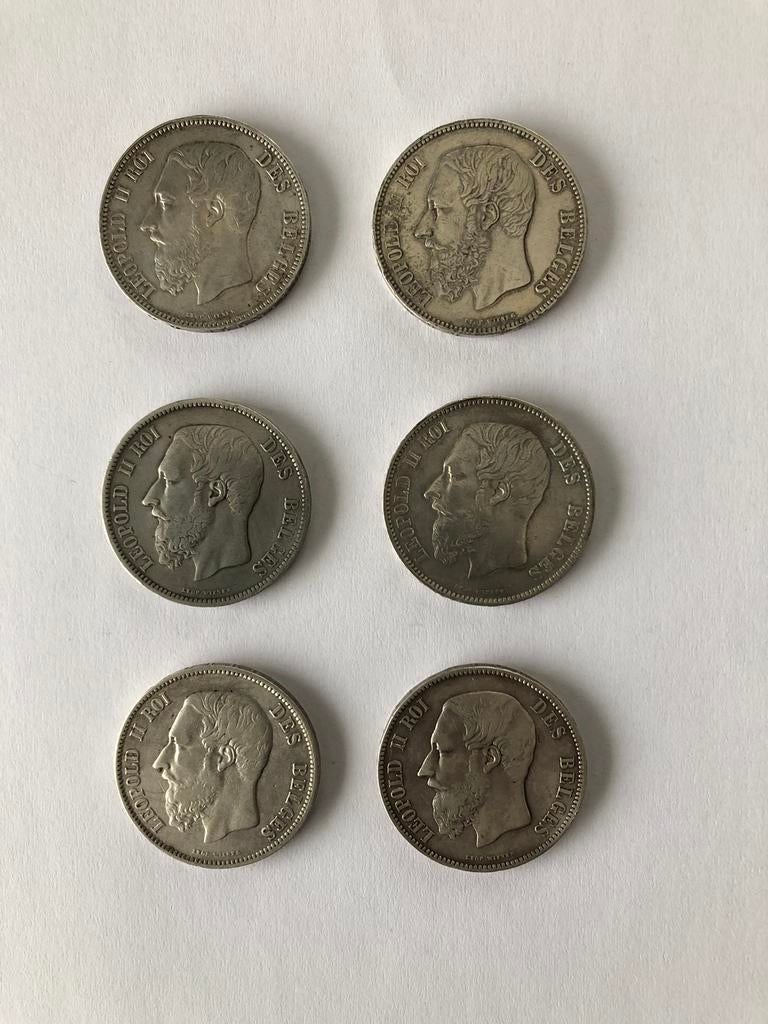 6 prachtige zilveren 5 Fr Leopold II, Postzegels en Munten, Munten | België, Ophalen of Verzenden, Zilver, Losse munt