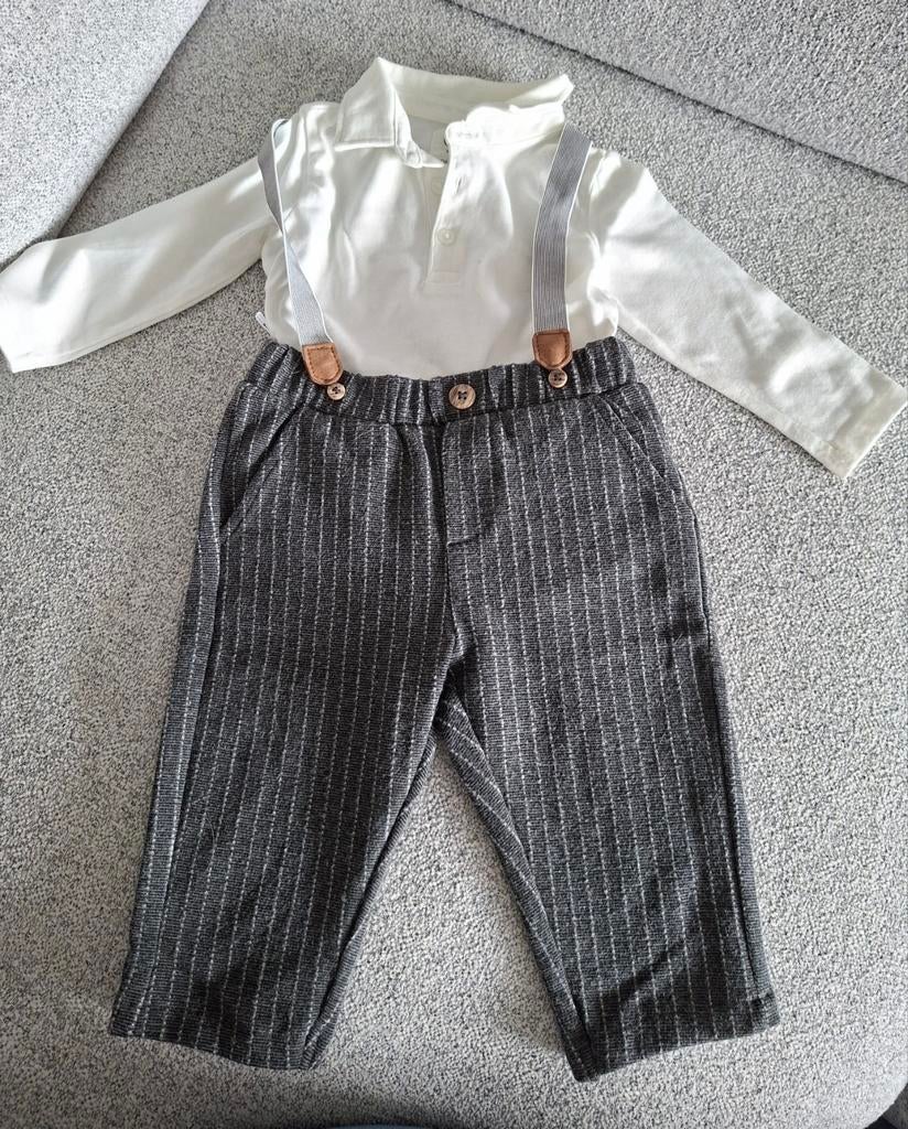 C&A Baby Set - Witte Polo & Gestreepte Broek met Bretels, Kinderen en Baby's, Babykleding | Maat 74, Zo goed als nieuw, Jongetje