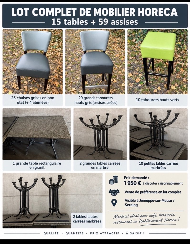 Lot complet mobilier HORECA – 15 tables + 59 assises, Enlèvement, Utilisé, Mobilier