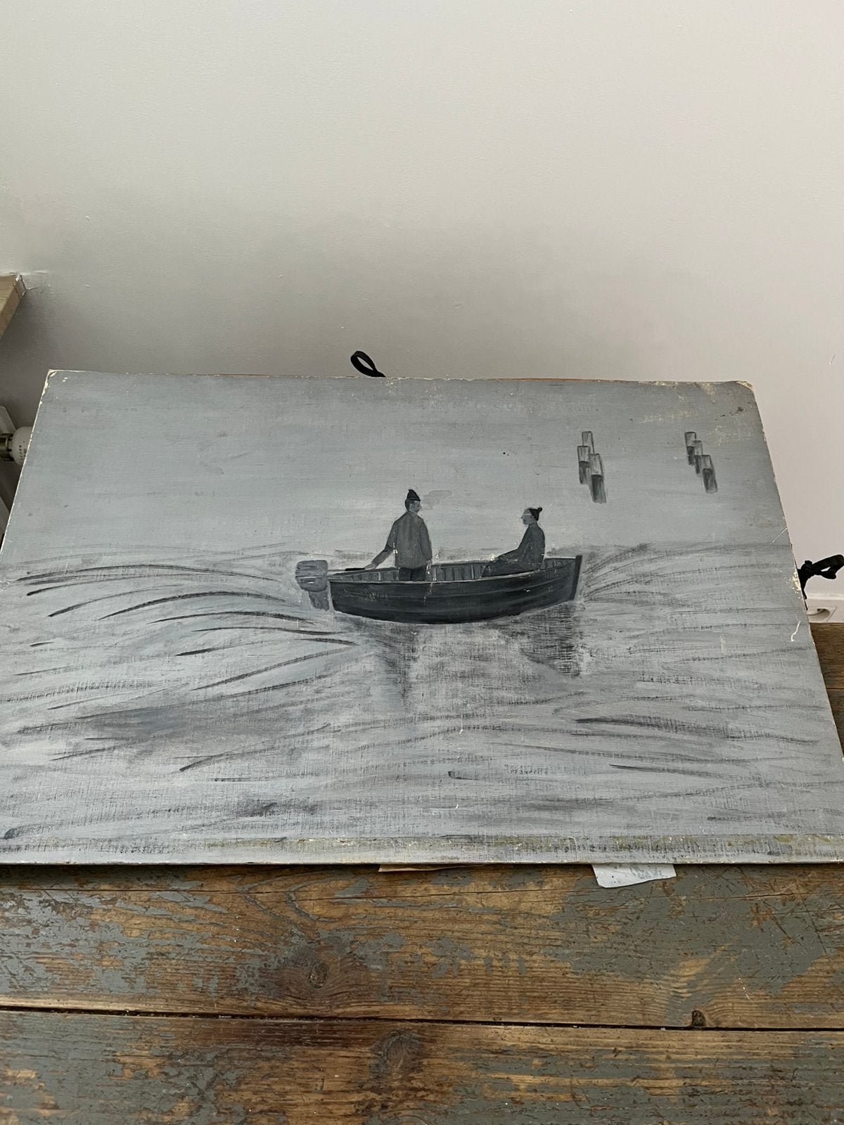 SCHILDERIJ OP KARTON GRIJSTINTEN ZEE BOOT, Enlèvement ou Envoi