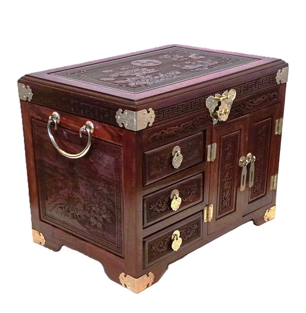 Chinees houten juwelen kist met messing deco., Minder dan 50 cm, Minder dan 50 cm, Ophalen of Verzenden, Zo goed als nieuw