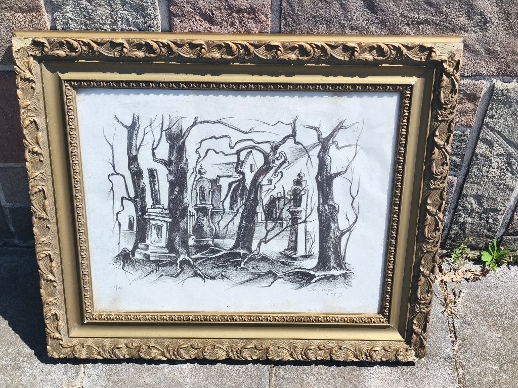 Lithographie cimetière de soignies signe Michel stievenart, Enlèvement ou Envoi, Lithographie
