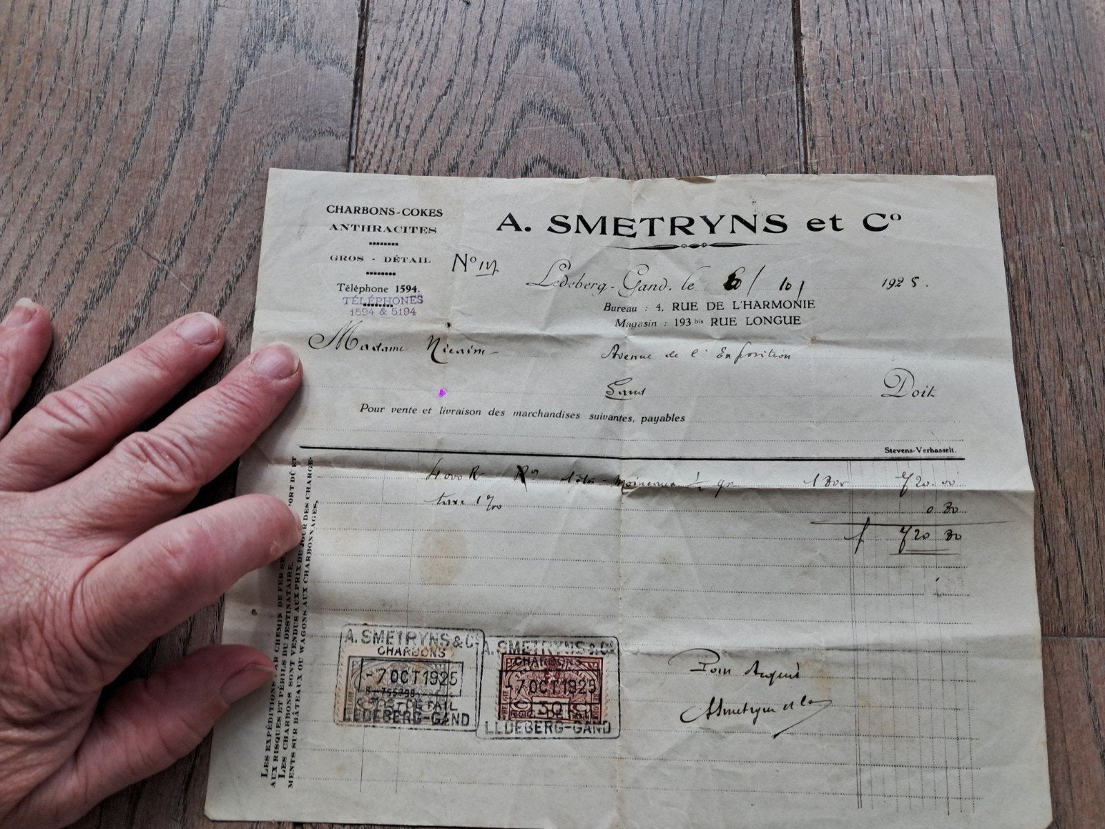 Ancienne facture avec timbres fiscaux de 1925 pour A. Smetry, Enlèvement ou Envoi