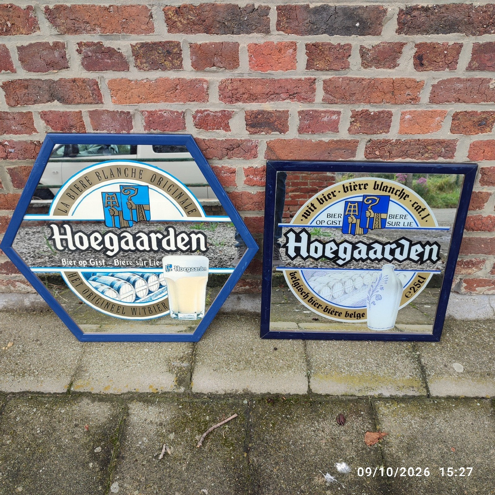 Twee spiegels van Hoegaarden., Ophalen, Gebruikt, Reclamebord, Plaat of Schild, Overige merken