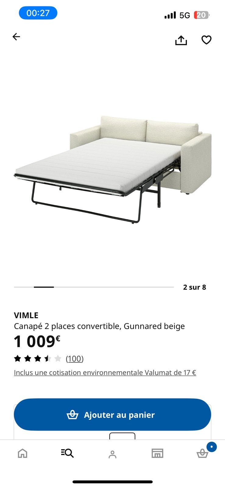 Canapé-lit 2 places ikea vimle gunarred beige, Maison & Meubles, Enlèvement, Comme neuf
