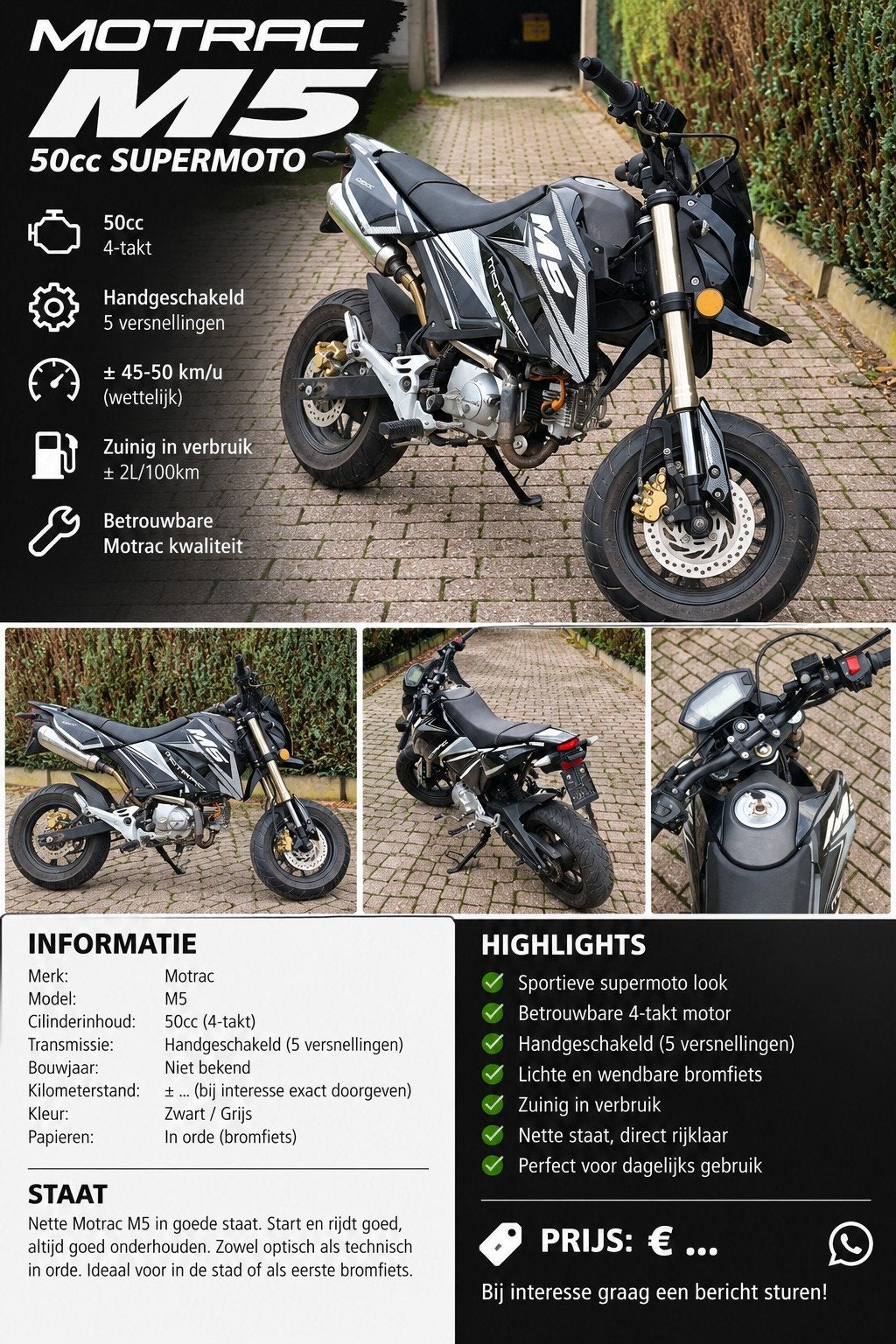 Motrac M5 50cc Supermoto – NIEUW MOTORblok – €1.450, Entreprise, Neuf, SuperMoto