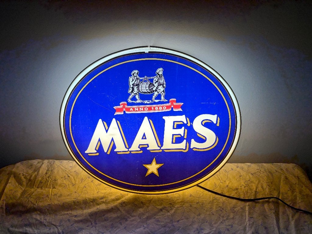 Originele Maes lichtreclame werkend authentiek TL-binnenwerk, Verzamelen, Biermerken, Ophalen, Gebruikt, Reclamebord, Plaat of Schild