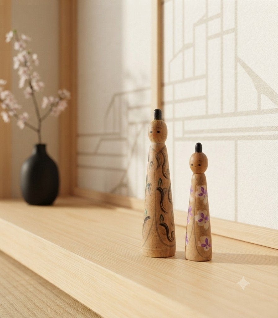 Paire Sosaku Kokeshi vintage de Hirayama, 13 cm, Japon, Bois, Fait main