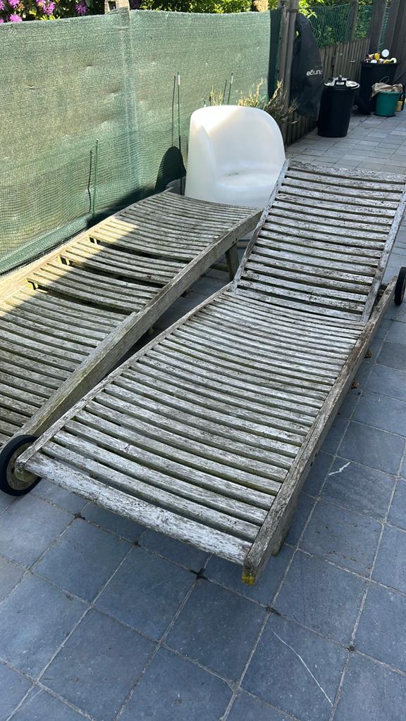 Houten ligbedden voor de handige 40€ voor 2, Tuin en Terras, Ophalen, Gebruikt