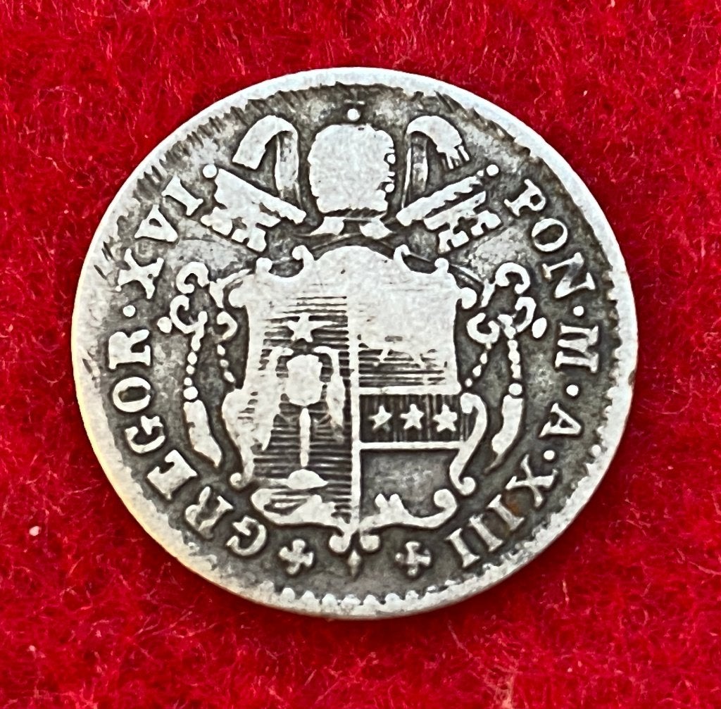 Zeldzame zilveren munt van 5 Baiocchi uit 1843, Italië, Ophalen of Verzenden, Zilver