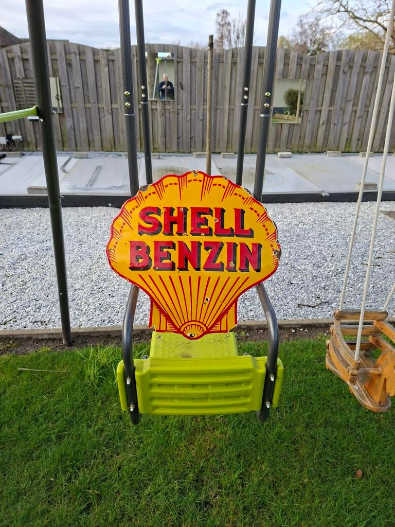 Shell  Benzin email gebombeerd bord . 48x48cm, Ophalen of Verzenden, Gebruikt, Reclamebord