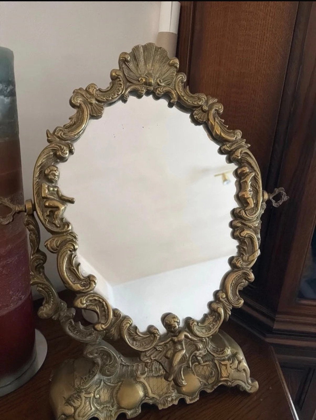 Miroir vintage mobile en laiton, Antiquités & Art, Enlèvement ou Envoi, Ovale, Moins de 50 cm, Moins de 100 cm