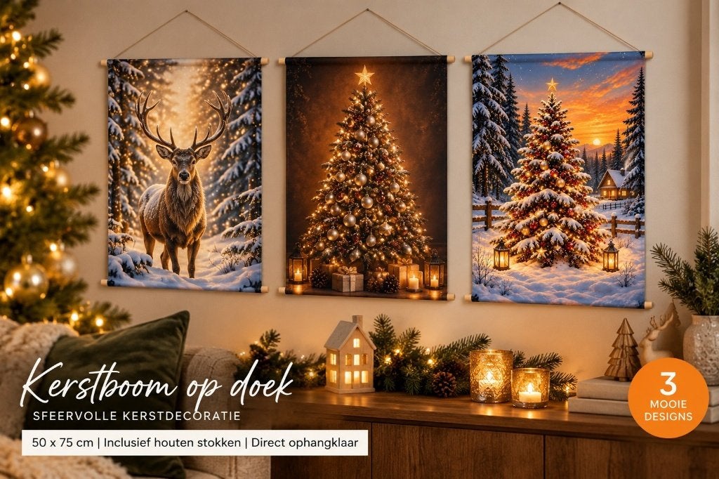 Kerstboom op doek – Kerst Wanddoek 50x75 cm – 3 Designs, Verzenden, 65 cm, Meerkleurig, Nieuw