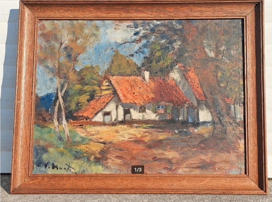 huile sur panneau fermette signe, Ophalen of Verzenden, Paneel