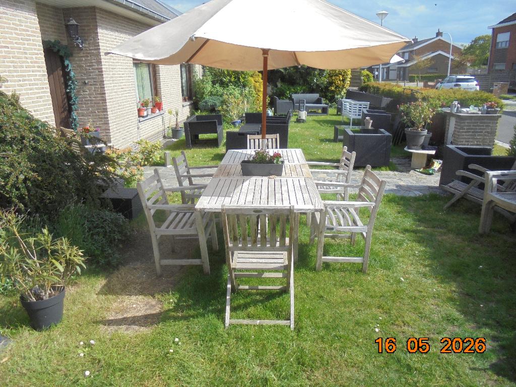 Tuinset in Teak 100 x 220 +6 stoelen  2 klap en 4 stapelbaar, Ophalen, Gebruikt, Tuinset